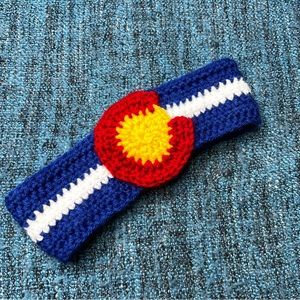 Hand Knit Colorado Flag Ear Warmer Headband Red Blue Yellow White